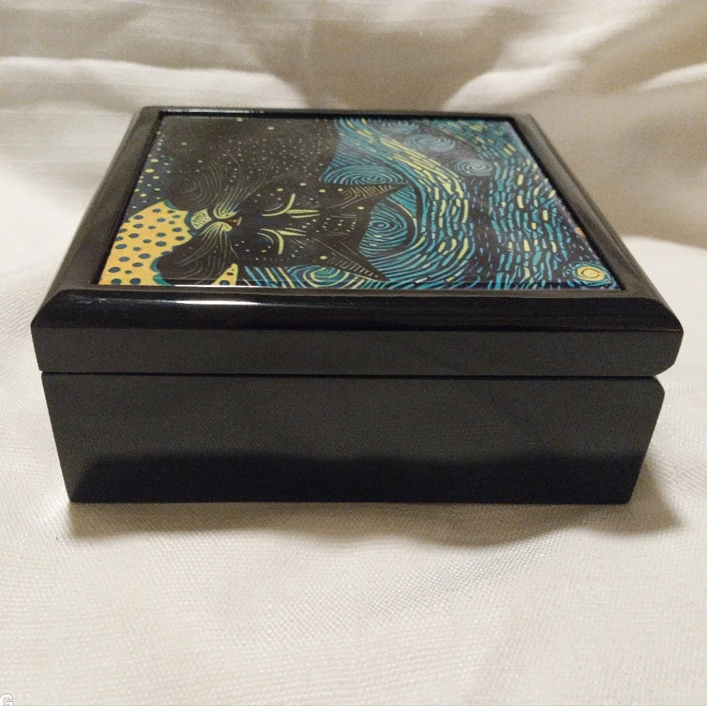Wood Black Cat Sleeping Under the Stars Starry Night Keepsake/Jewelry Box